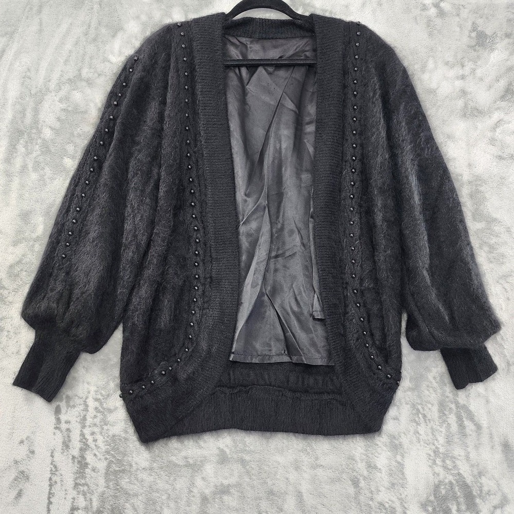 Vintage‎ Angora Cardigan Womens L Black Beaded Balloon Sleeve Cocoon Open Front